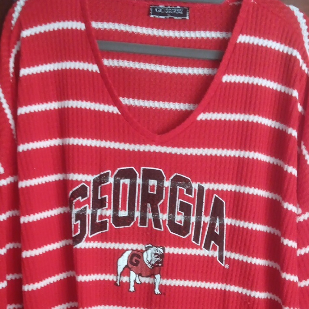 Red and White Georgia Striped Sweater Standing Dawg Womens GAMEDAY COUTURE